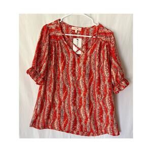 Hailey & Co Red Geometric Strappy V-neck Puff Sleeve Blouse Medium Women's Top